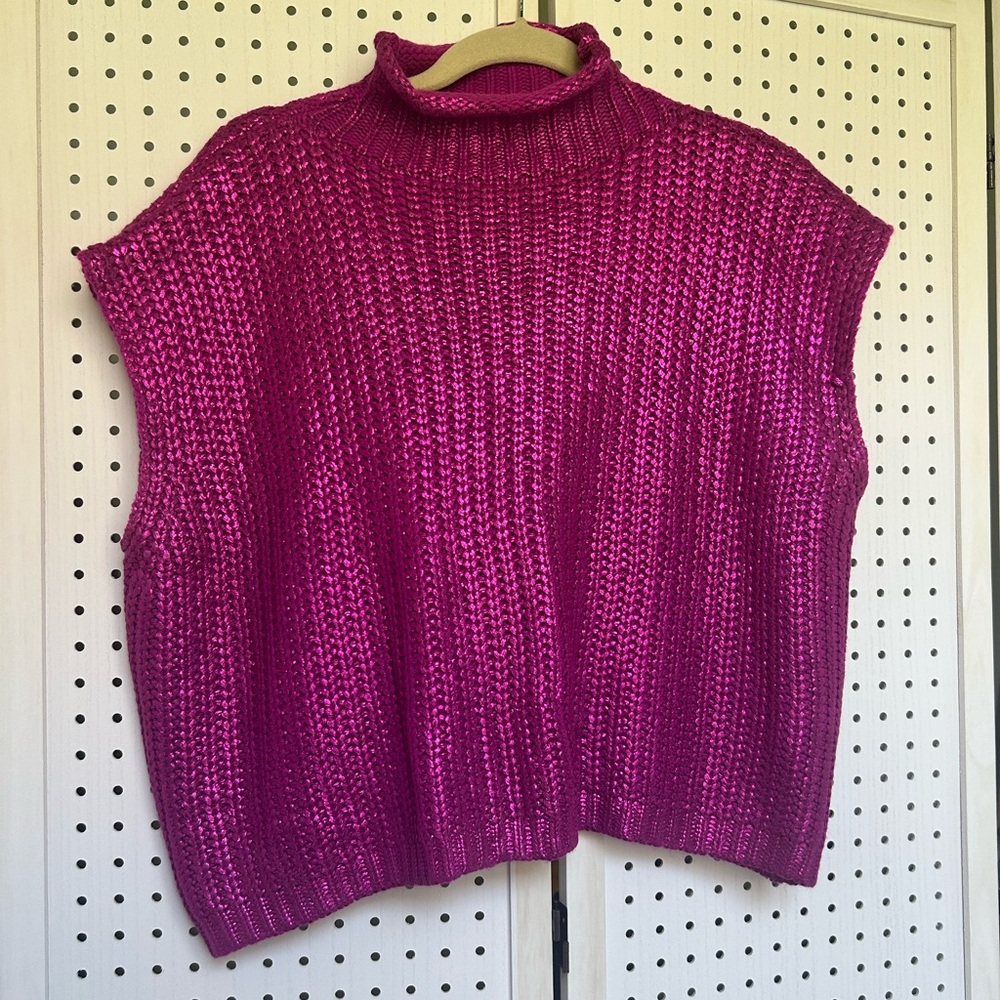 She + Sky Sleeveless Mock Neck Sweater Vest in Bright Fuchsia